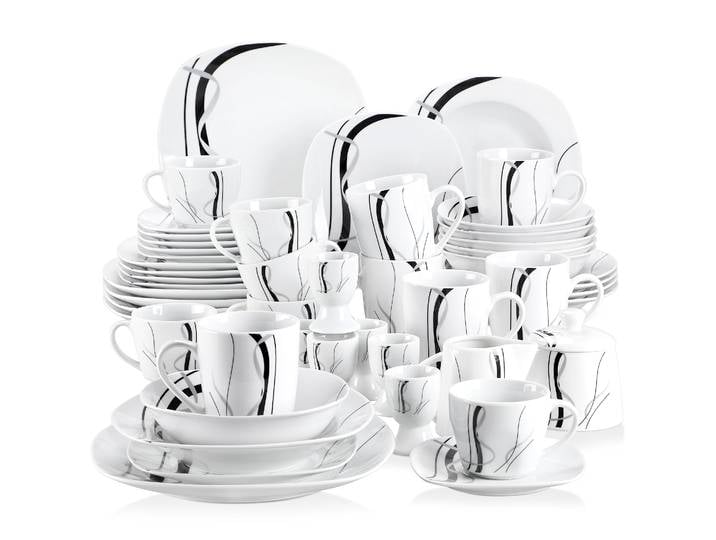 VEWEET FIONA service vaiselle complet en porcelaine 50/100 pièces avec coquetier, tasse et soucoupe, tasse, dessert, soupe et assiette, bol, pot à lait, pot à sucre assiettes de table