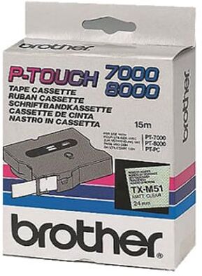 Brother TX-M51 fita laminada texto preto mate sobre transparente 24mm