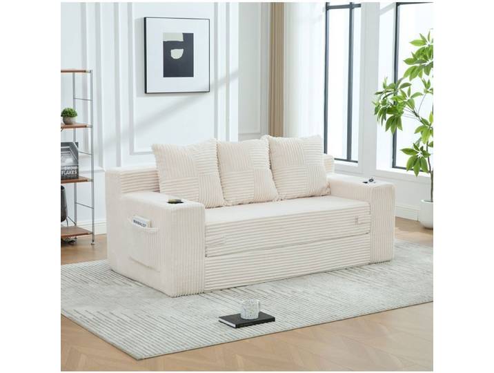 MEULVA Canapé convertible 3 places en corduroy beige avec porte-gobelets poches latérales sans montage