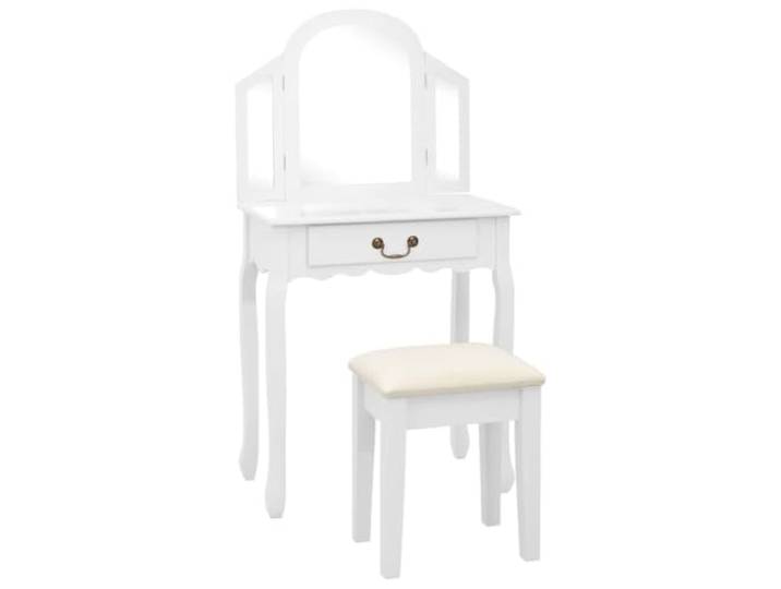 HKQWPBF Schminktisch mit Hocker Weiß 65x36x128 cm Paulownia-Holz MDF Ovaler Spiegel, Schublade, platzsparender Hocker, langlebig, pflegeleicht, Schlafzimmer