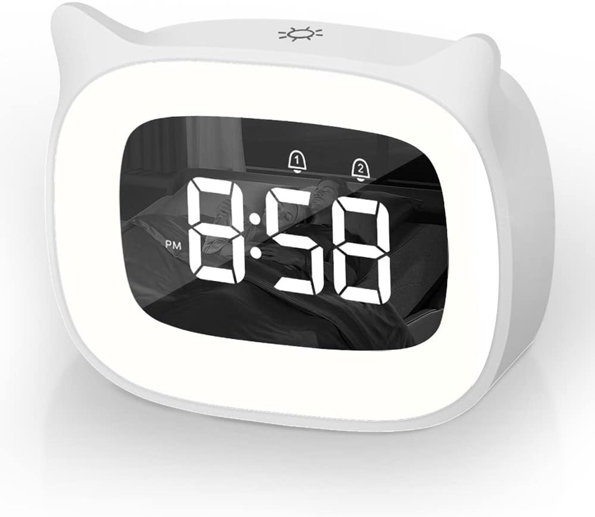 Kinderwekker met nachtlampje, snooze-functie, automatische tijdweergave, 5 kleuren en 18 muzieksoorten, wit