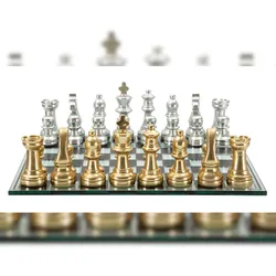 Mauro Ferretti Modernes Schachbrett-Set 50,5x50,5 cm – Schwarz-weißes Schachbrett mit Polyresin-Figuren und Spiegel-Sockel – Luxus-Design