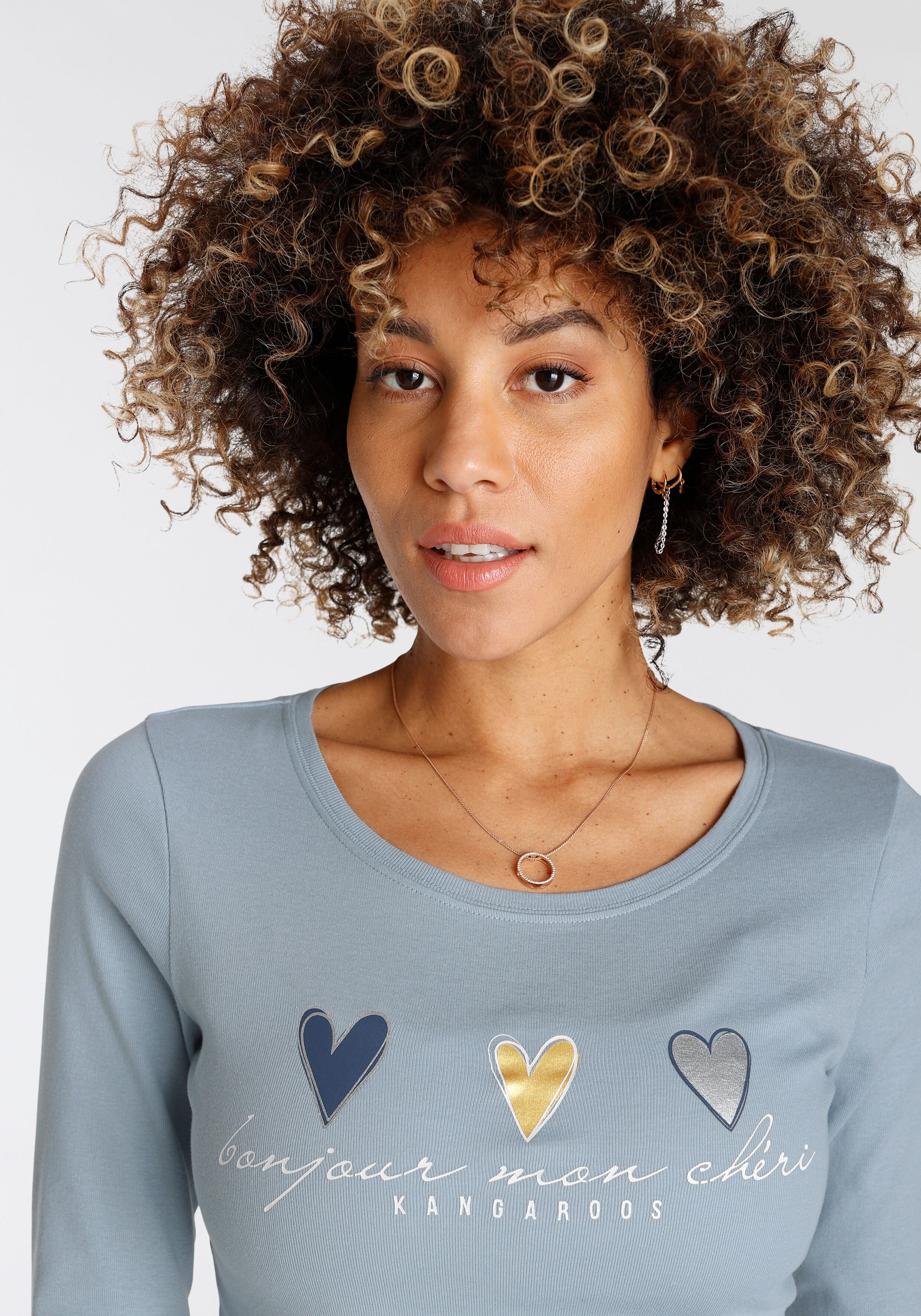 Longsleeve KANGAROOS, Damen, Gr. 52/54, blau (blau, grau), Rippware, Obermaterial: 100% Baumwolle, bedruckt, unifarben mit Farbeinsatz, sehr figurbetont hüftbedeckend, Rundhals, Shirts Longsleeve, Langarm, sehr figurbetont und hüftbedeckend, mit Herzchen-