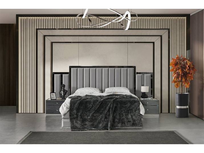 JVmoebel Schlafzimmer-Set Graue Polsterbett Garnitur mit Nachttischen aus Holz, (3-tlg), Made in Europa