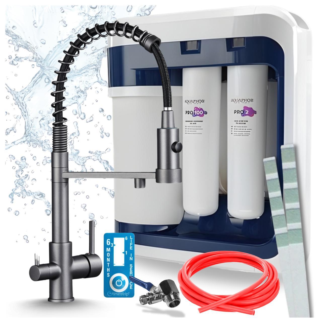 Ari 3-Wege-Küchenarmatur Solid Spring, Graphit, Ausziehbare Spültischarmatur Im Set Mit Aquaphor Ro-202S Pro Wasserfiltersystem