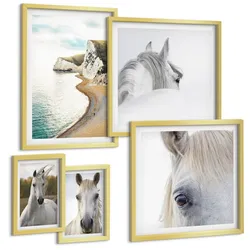 BILDER SET 5er Set - 50x50 cm & 20x30 cm & 40x60 cm Goldrahmen - Kontrastierende abstrakte Porträts