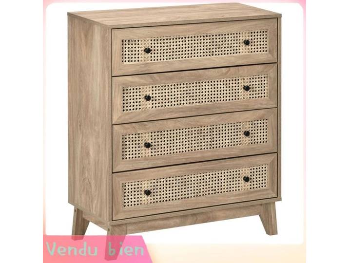 LIA Commode 4 tiroirs cannage rotin bois clair 80x35x95cm