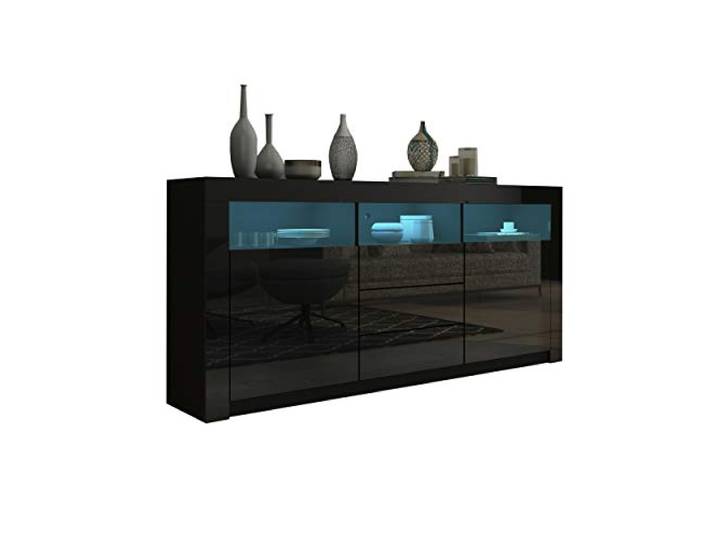 Anrichte Hochglanz Anrichte Schrank Stauschrank Vitrine mit LED Beleuchtung 2 Türen 3 Schubladen für Esszimmer Wohnzimmer Modern (Schwarz)