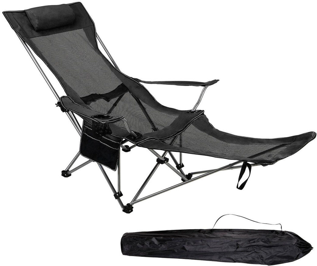Dakota Fields Adjustable Folding Recliner Camping Chair – Lightweight Portable Chair With Detachable Footrest, Headrest, Cupholder, And Pocket For Outdoor, Beach, A Black
