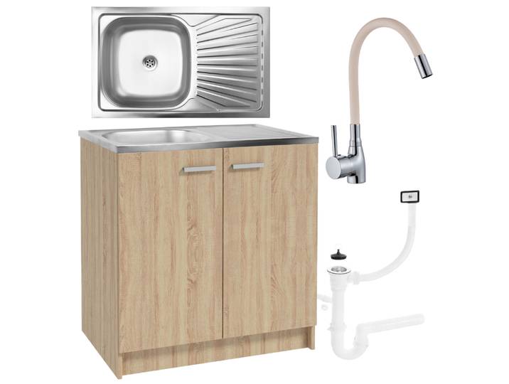 Meuble De Cuisine Avec Évier - 80 X 46 Cm - Beige - Évier En Inox - Robinet De Cuisine