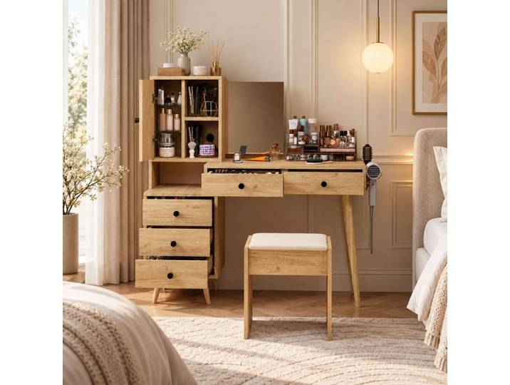 Coiffeuse extensible effet chêne naturel miroir escamotable 5 tiroirs rangement latéral tabouret rembourré beige