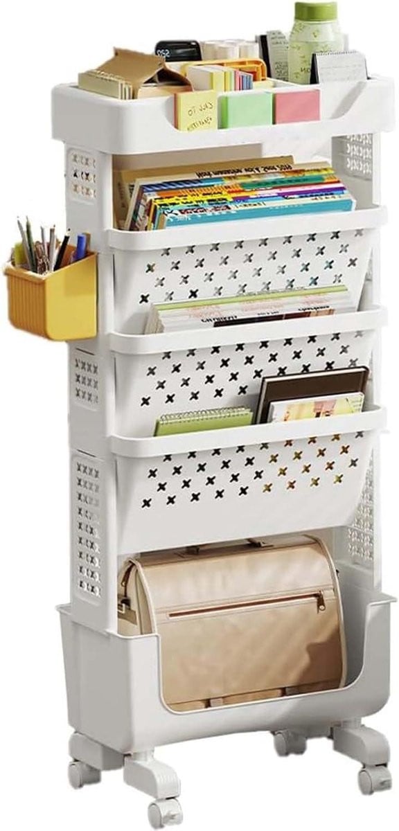 Mobiele Boekenkast met 5 Lagen en Wielen - Wit - Hoogte: 85 cm