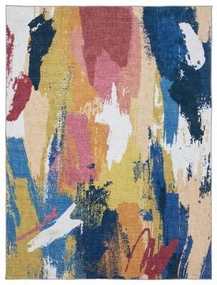 Vista Home Sunderland Abstract Paint Washable Blue/ Gold Area Rug Mat
