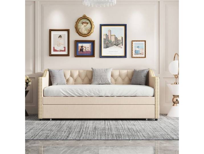 Lit gigogne 90x200cm - Lit double - Banquette Lit Canapé Convertible - Lit Enfant Ados - Sans matelas - Beige