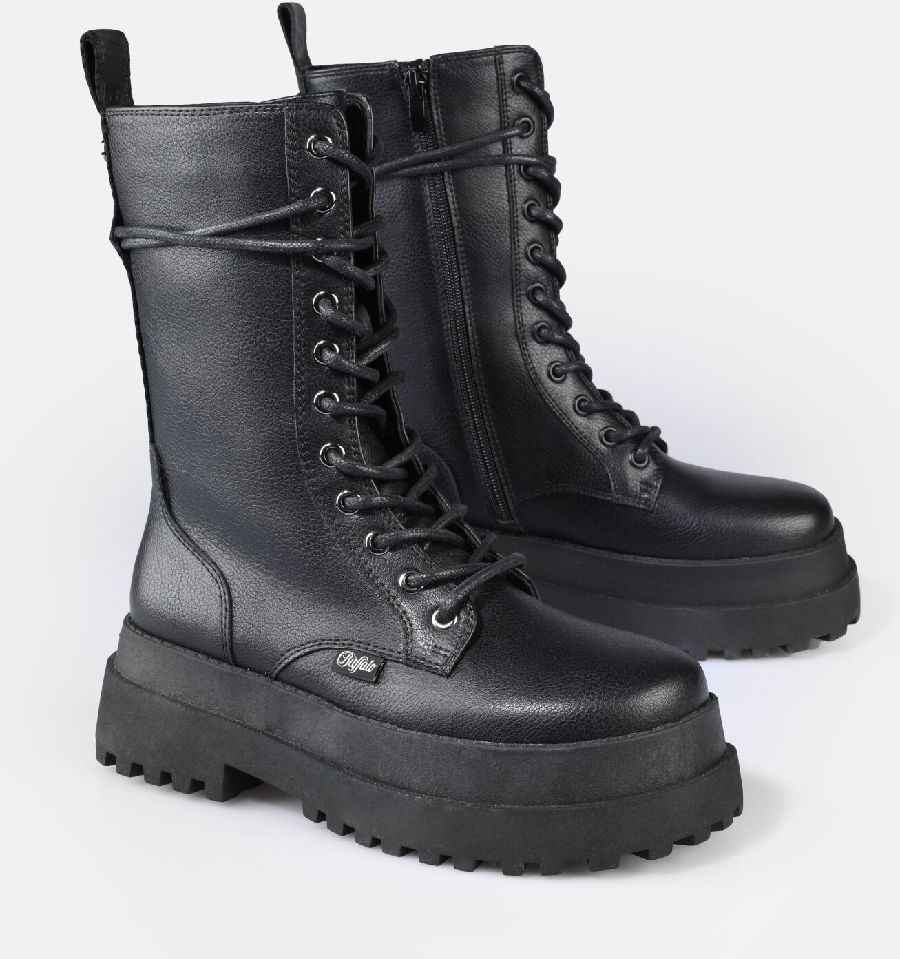 Schnürstiefel BUFFALO "PLUTO", Damen, Gr. 36, Synthetik Textil, schwarz, Lederimitat, Schuhe Schnürstiefel, Schnürboots, Plateaustiefel mit Profilsohle