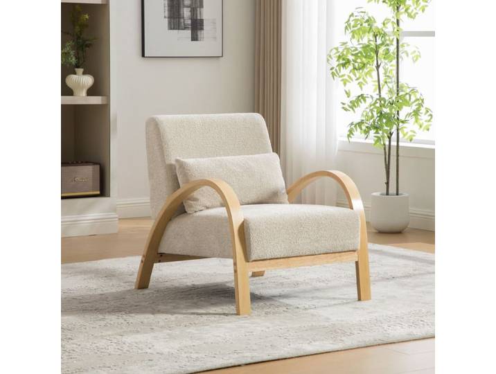 Fauteuil lounge - Scandinave - Tissu chenille doux - Pieds bois massif - Beige