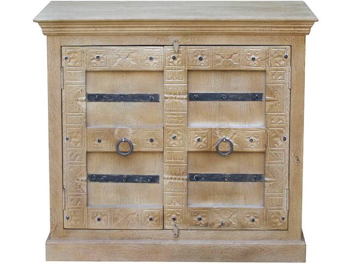 Kommode SIT Erfurt aus Mangoholz mit Schnitzereien & 2 Türen , beige (natur), B:100cm H:90cm T:45cm, Massivholz, Sideboards, Kommode, Kunstvolle Schnitzereien