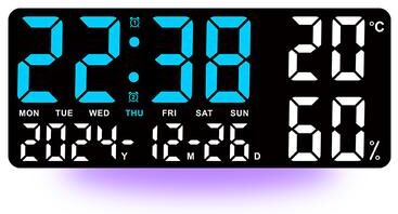 Perfect Picks Market Large Digital Wall Clock With RGB Mood Light, Dual Alarm, Temperature & Humidity Display bbl