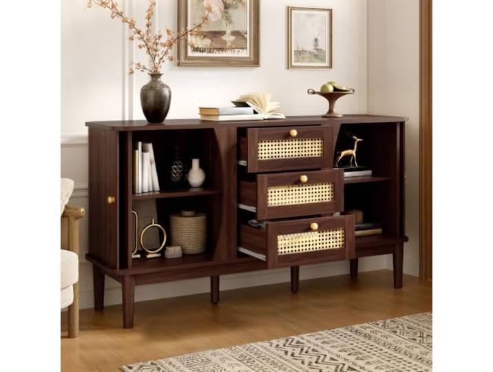 Crlnaup Sideboard, Rattankommode, Kommode mit Schiebetüren, verstellbaren Einlegeböden und Abgerundeter Platte