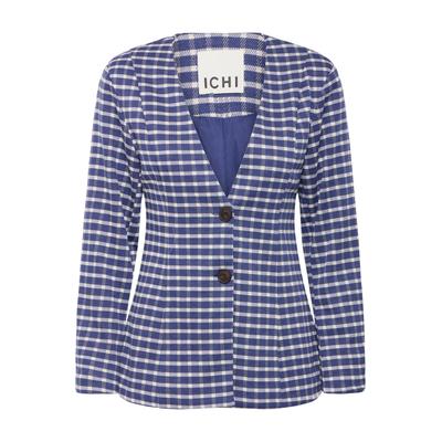 Blusenblazer ICHI "Damen Blazer IHKATE", Damen, Gr. L, blau (medieval blau check), Obermaterial: 84% Polyester PES. 16% Baumwolle CO., Blazer Blusenblazer