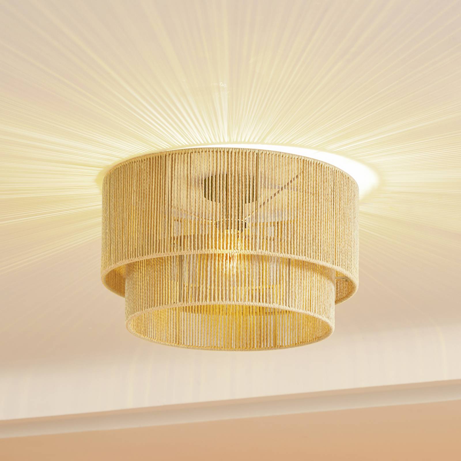 Deckenlampe Anuva Lindby, dimmbar, Holz hell, für Wohn- / Esszimmer, Papier / Lunolit / Lunopal, Landhaus / Rustikal, Deckenlampe