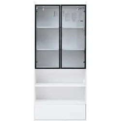 MODFU Vitrine MDF und Glas Weiß 80x34x180 cm mit LED-App-Steuerung, 1 Schublade und 6 Ebenen