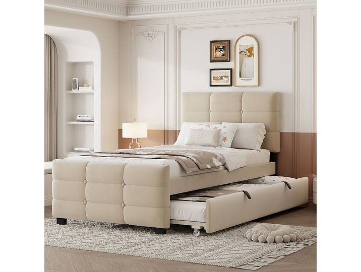 Lit rembourré, lit double 90 x 190 cm avec lit gigogne, lit simple plat en velours doux pour la peau