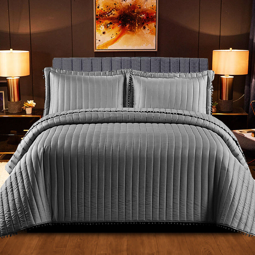Canora Grey Aliya-Grace Striped Quilted Blanket Dark Grey W250 x L270cm