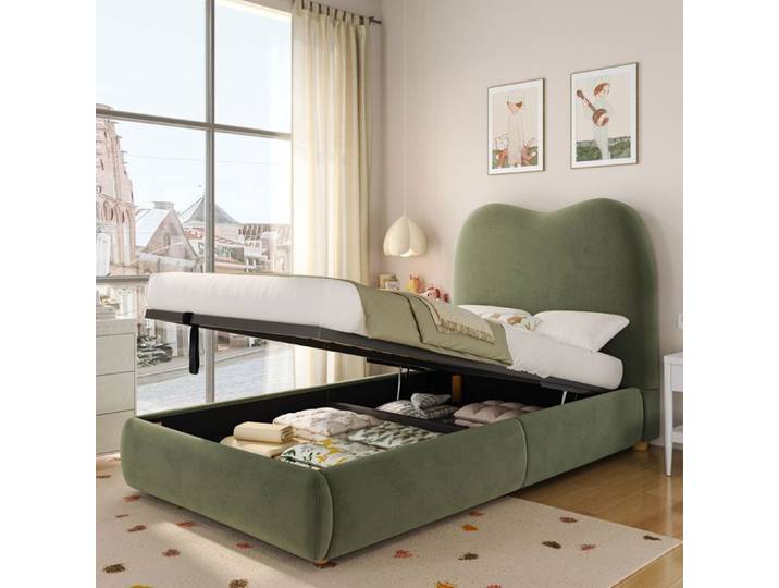 Lit Coffre - Becag - Lit Capitonné Simple 90x200cm - Lit Enfant Rembourré avec Rangement Hydraulique - Velours Vert