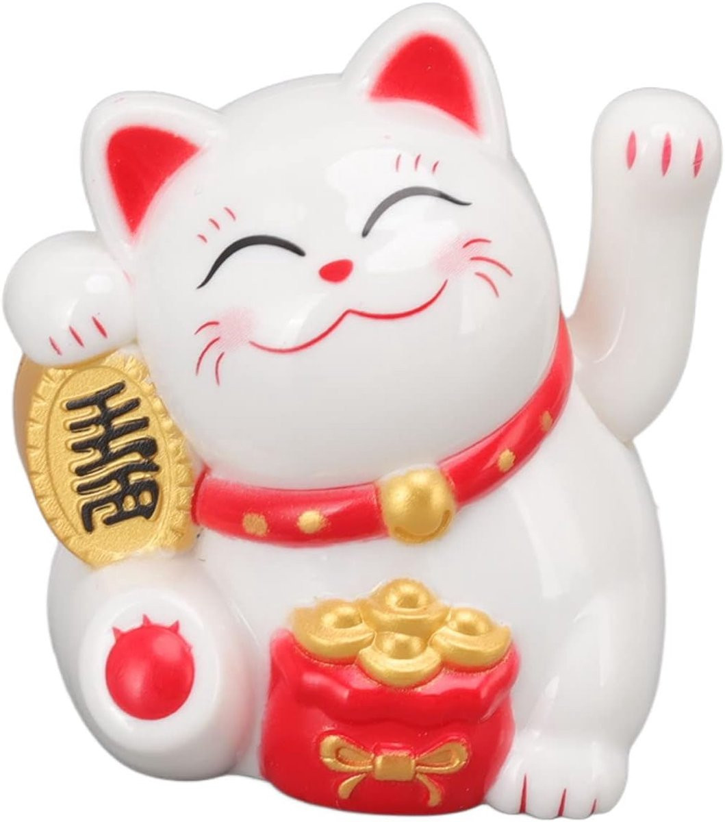 SnelShoppen Geluks Kat Chinese Decoratie Zonne-energie Licht Zittend Zijwaarts Wit