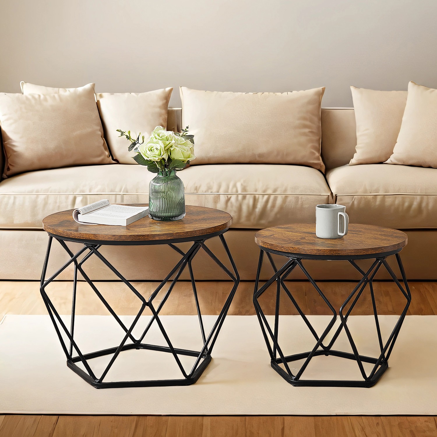 VASAGLE Couchtisch 2er Set, Wohnzimmertisch rund, Beistelltisch modern LCTB35041K01