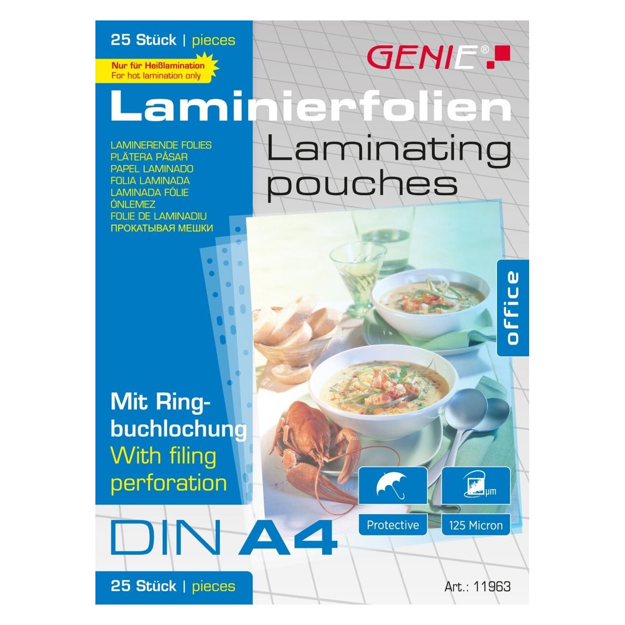 Genie Laminiertaschen 4 - Folien mit Ringbuchlochung (A4, 25 Stk., 125 µm) (11963)
