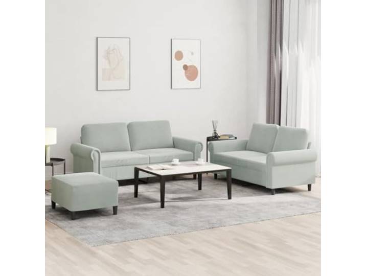 HEFZGDB 3-TLG. Sofagarnitur mit Kissen Hellgrau Samt, Weiches Samtstoff Sofa Set mit Robustem Gestell, Bequeme Sitzpolsterung und Vielseitigem Hocker für Wohnzimmer, Langlebig