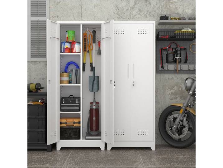 Armoire de Jardin Métallique avec Portes Verrouillables 3 Étagères Réglables et Penderie - BEAUNIV - Acier Blanc