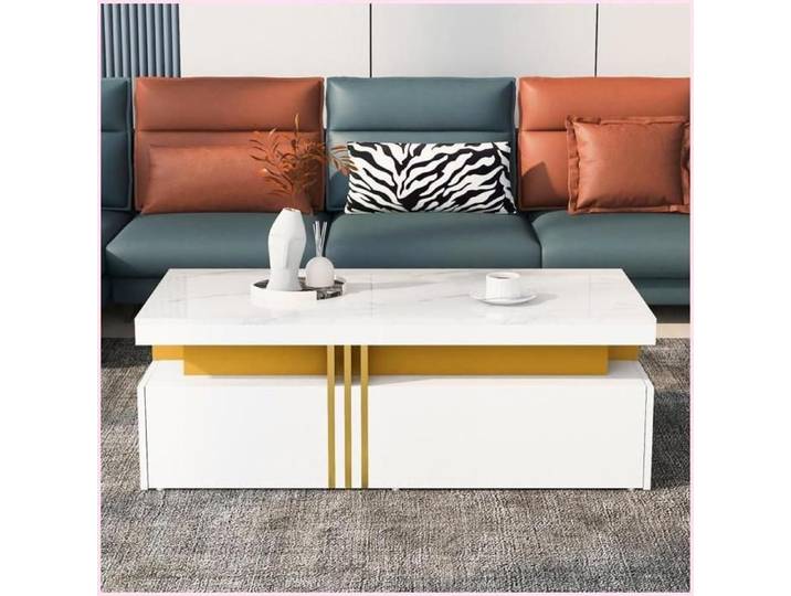Table Basse Moderne Rectangulaire - Plateau Brillant Effet Marbre - 2 Tiroirs Bois - Blanc 100x50x40 cm