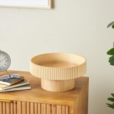 ARCILLA ELEMENTAL Dark or Light Brown Wood Ribbed Decorative Bowl with Elevated Base
