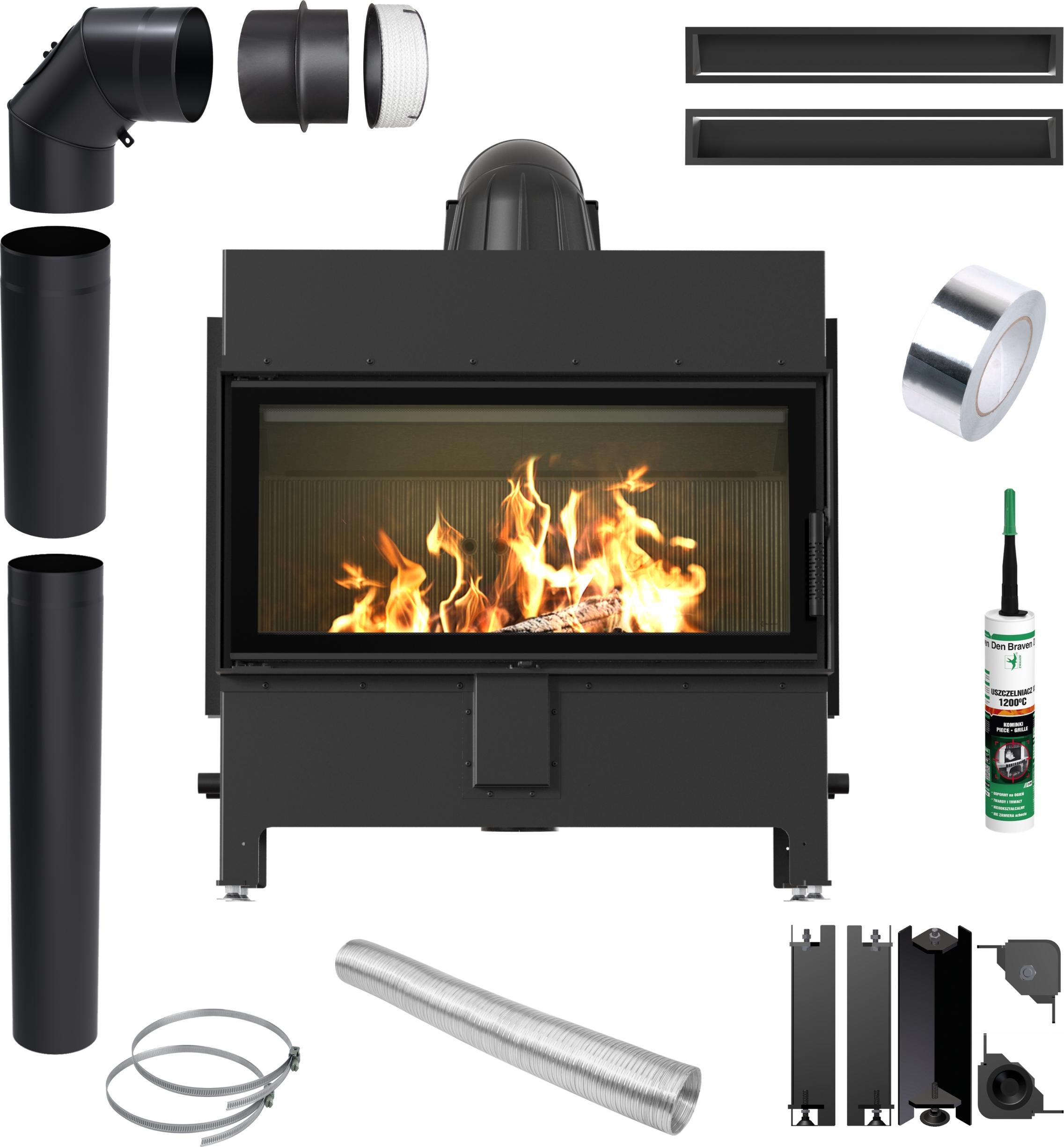 KRATKI LUCY 16kW Ø200 Schwarzer Kamineinsatz mit Rohren und Luftkanälen