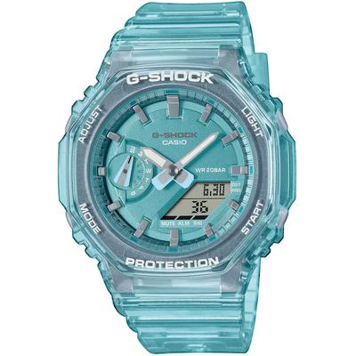 Chronograph CASIO G-SHOCK, blau (türkis, transparent, türkis, grau), Armbanduhren, Damen, türkis-grau, Chronograph, Quarzuhr, Armbanduhr, Damen, Herren, digital, bis 20 bar wasserdicht