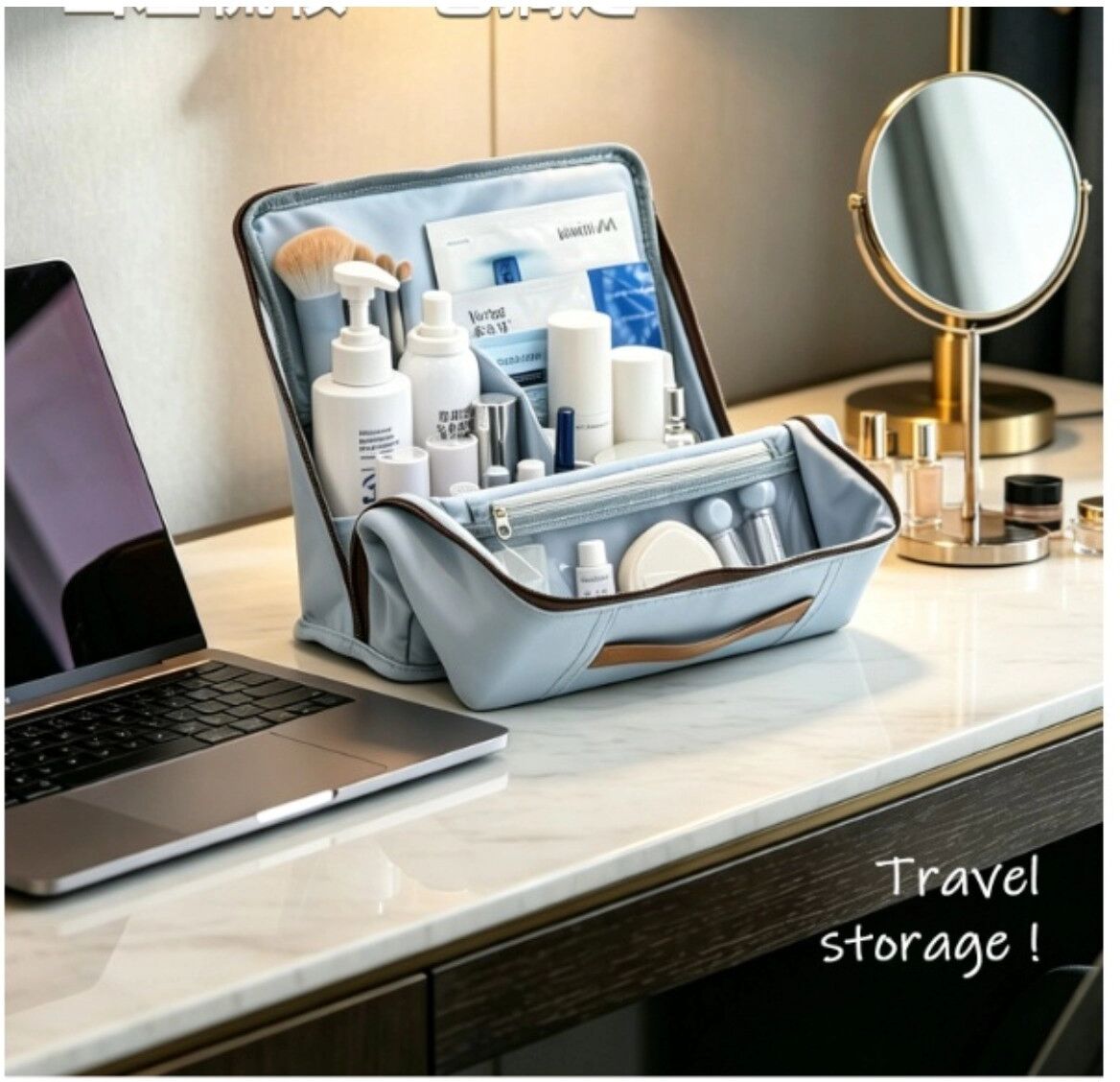 INF Kreative stehende Make-up-Tasche – Vertikaler Organizer mit großem Fassungsvermögen, durchsichtigem Reißverschlussfach und Blau