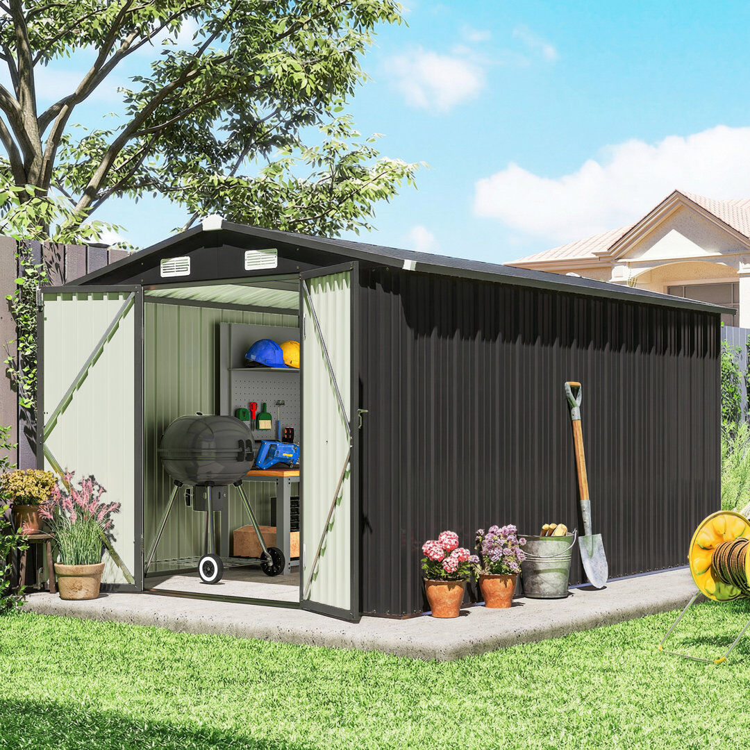 Outsunny 12 x 8 ft Metal Shed Heavy Duty Outdoor Storage 4 Vents, Dark Grey Dark Grey 238cm W X 364cm D X 194cm H