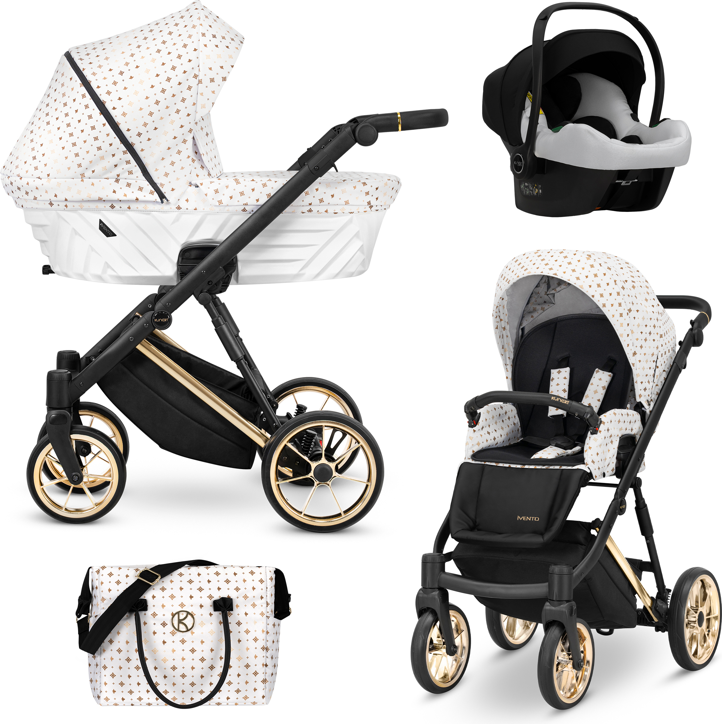 Kinderwagen IVENTO Sportwagen Babywagen Babyschale Komplettset Kinder Wagen Autositz Set 3 in 1 (White Style, Rahmenfarbe: Gold)