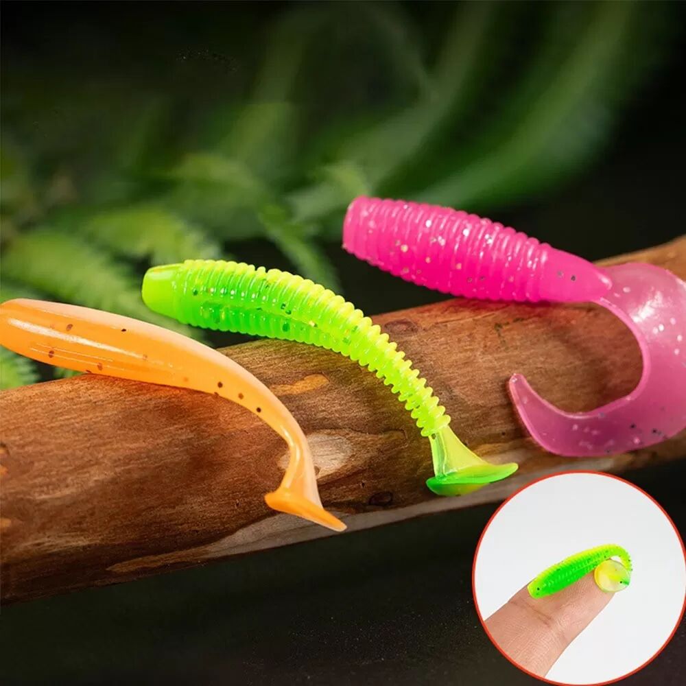 INF Micro Appât Souple de Pêche Nervuré T-Tail 35mm - 100pcs Appâts en PVC Vert