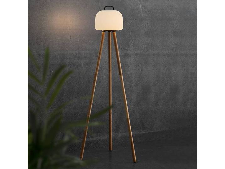 Nordlux LED-Stehleuchte Kettle Tripod Holz, Schirm 22cm Kettle, dimmbar, weiß / opal, Holz, Design