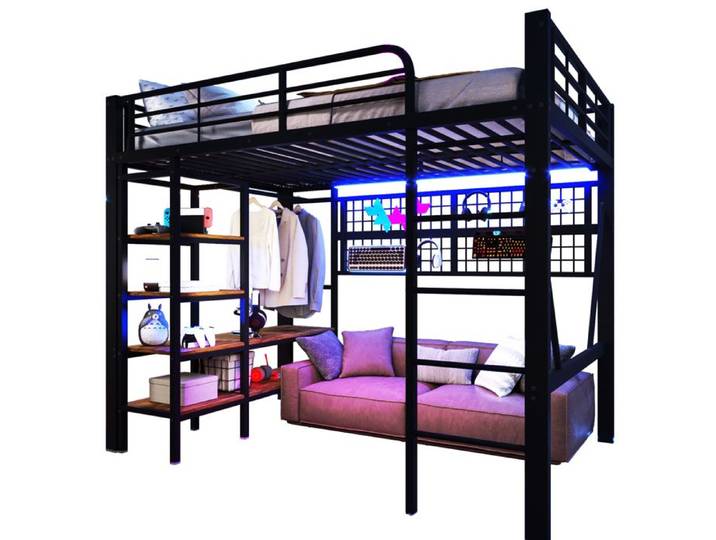 HAVRYA Lit Mezzanine 140x200 cm - LED Étagères Portant pour Vêtements Compartiment de Rangement Espace Ouvert - Noir