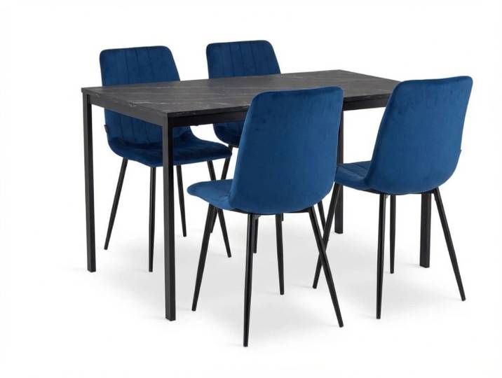 Essgruppe 1 + 4, schwarzer Tisch RAMOD 100x60 cm + blauer Stuhl LAVA mit schwarzen Beinen