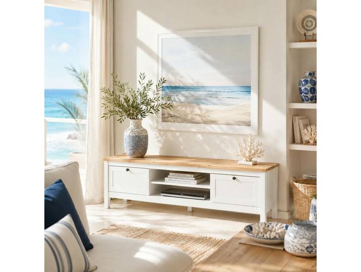 Meuble TV 2 tiroirs, niches centrales VENZA - Blanc