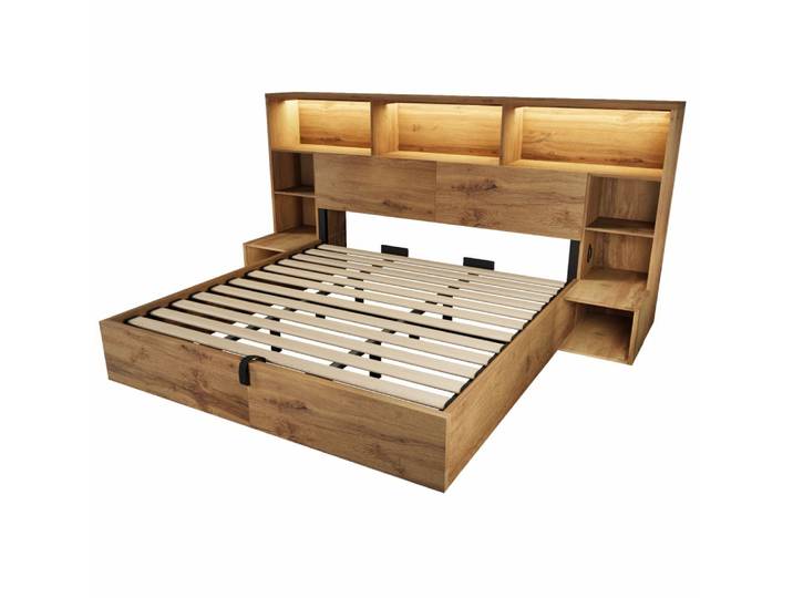 Lit double 180x200 avec éclairage led, port usb-c et rangement, chêne