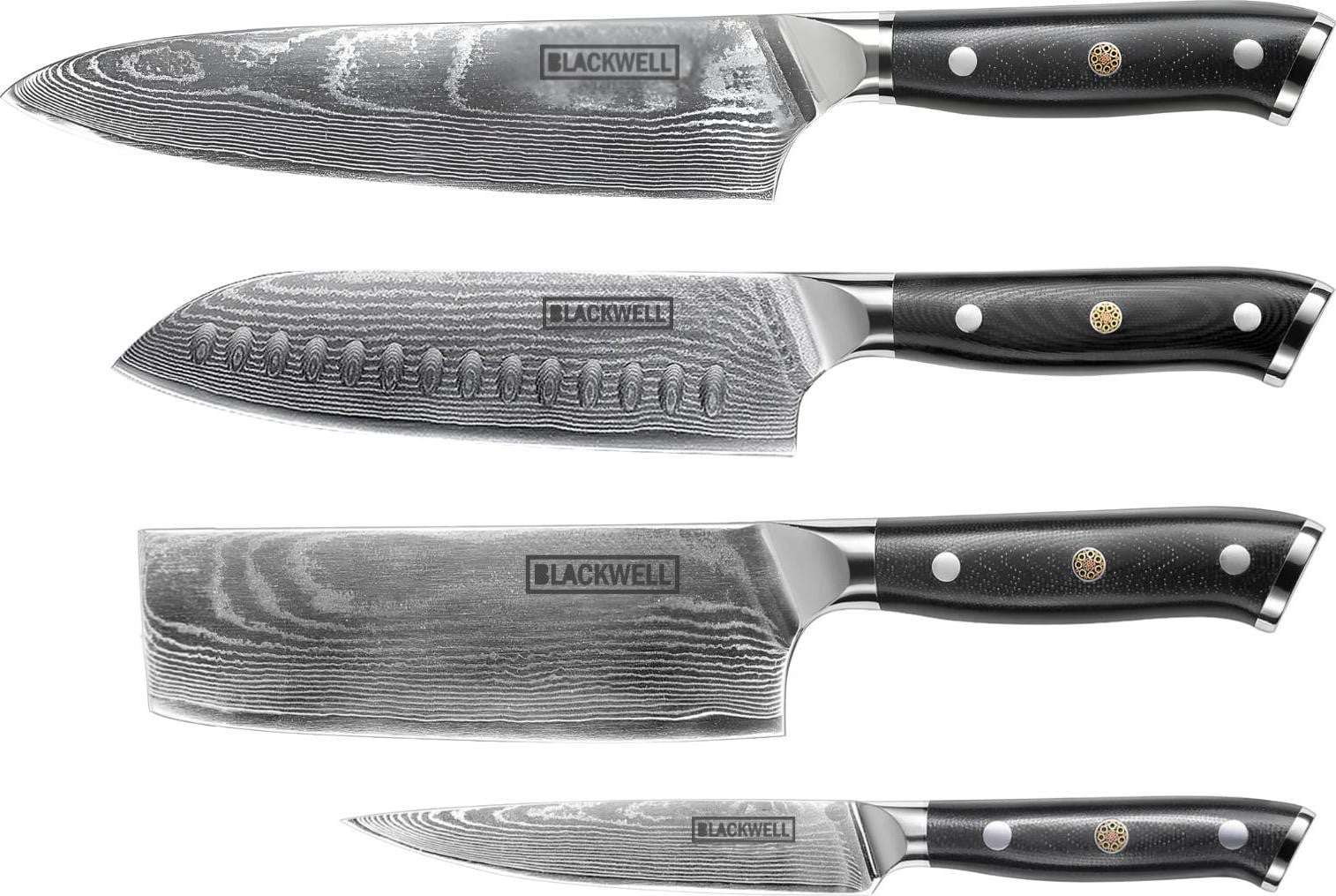 Blackwell Messenset 4-delig - Japanse stijl - 67 lagen damaststaal - VG10 - Koksmes, Santokumes, Nakirimes en Officemes