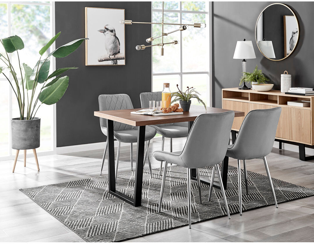 Canora Grey Kylooe Modern Dining Table Set With 4 Luxury Velvet Dining Chairs Grey/Silver/Brown Wood/Black 4