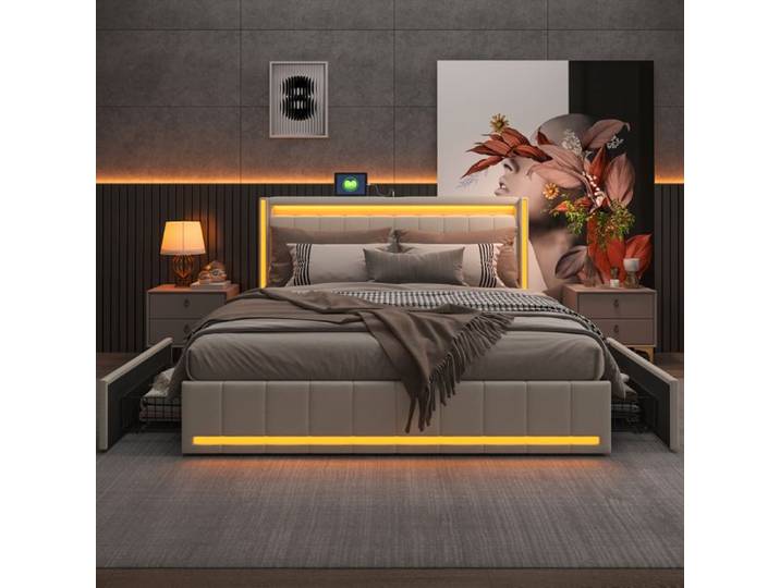 Structure de lit - SUNFECILI - SUNFECILI - 180x200 cm - 4 tiroirs - LED & USB